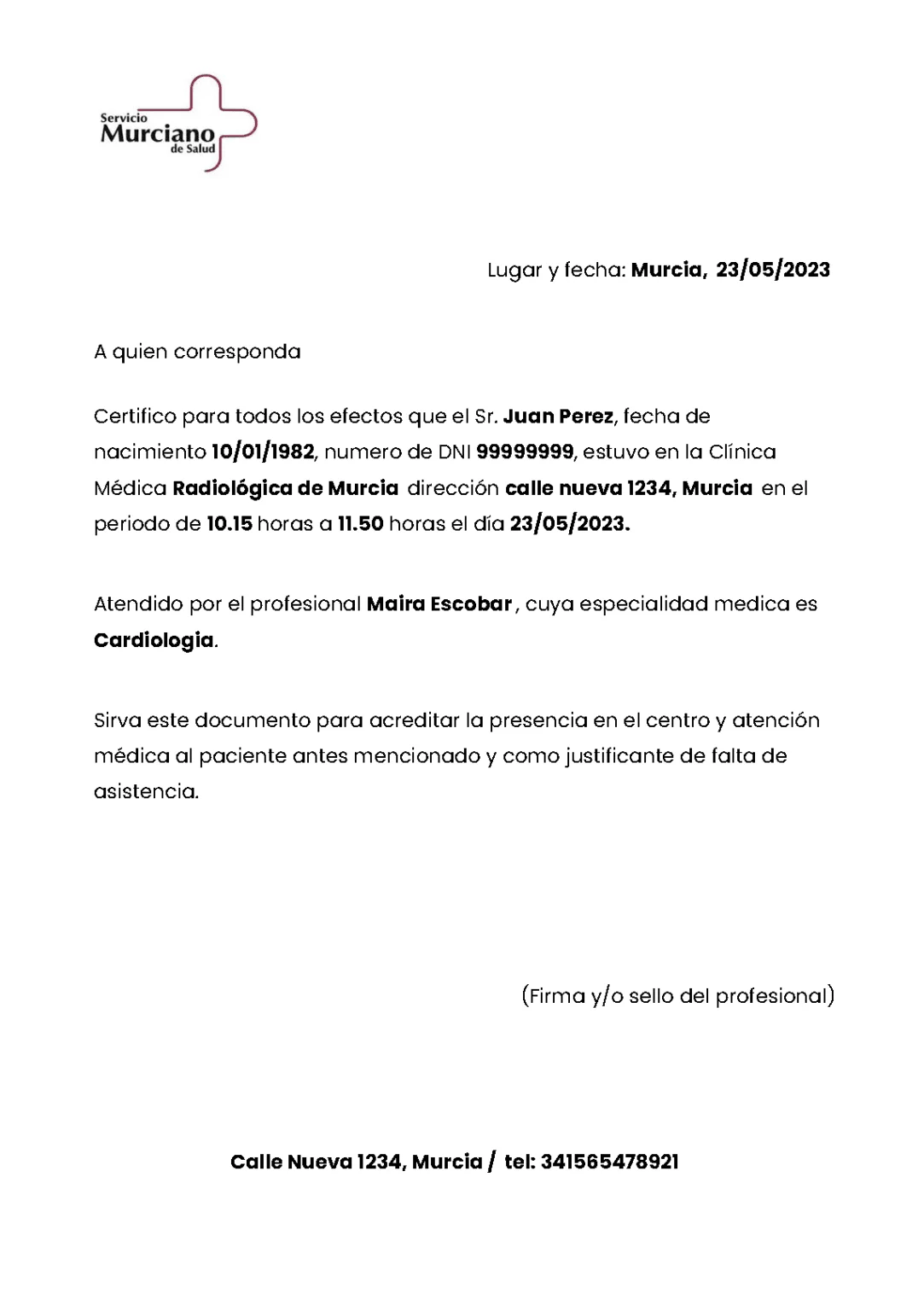 ejemplo justificante medico